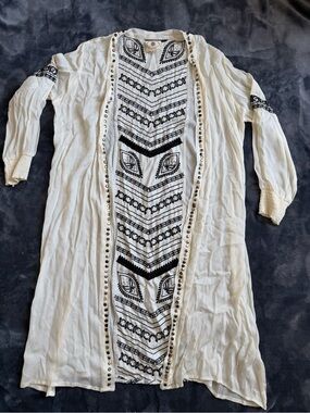 Muche et Muchette Women’s Boho Embroidered Long Cardigan Kimono Ivory Black OS